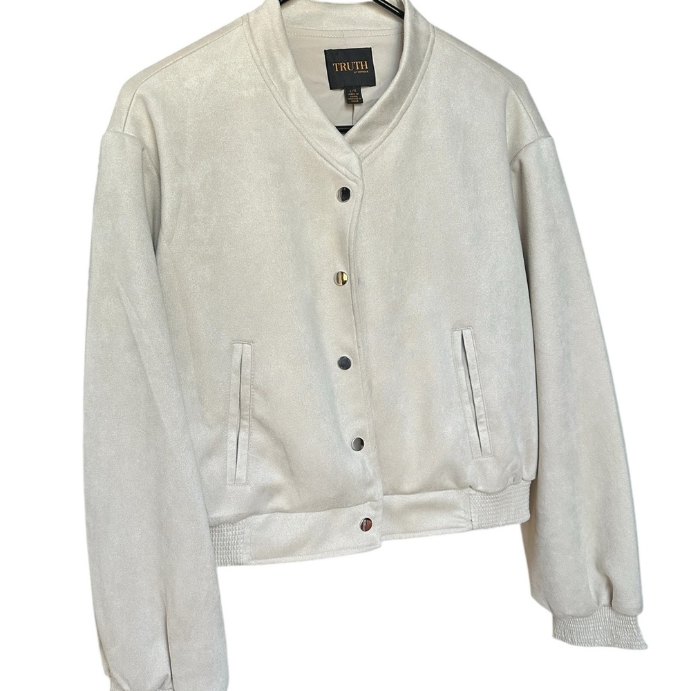 Truth Faux Suede Leather Bomber Jacket in Creamy Beige